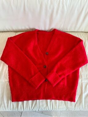 Red V-Neck Button Front Women's Sweater